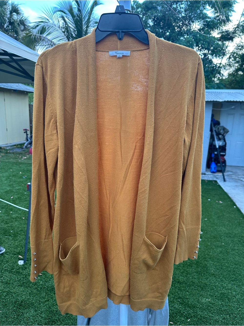 89th + Madison Women’s Open Front Cardigan Sweater Size L Mustard Yellow Pockets